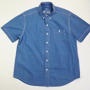 Tommy Bahama Relax Size Medium Mens Blue Short Sleeve Logo Tag Button Down Shirt